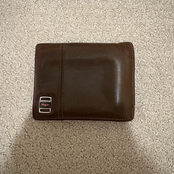 Salvatore Ferragamo Brown Leather Bifold Wallet Silver Logo Plate